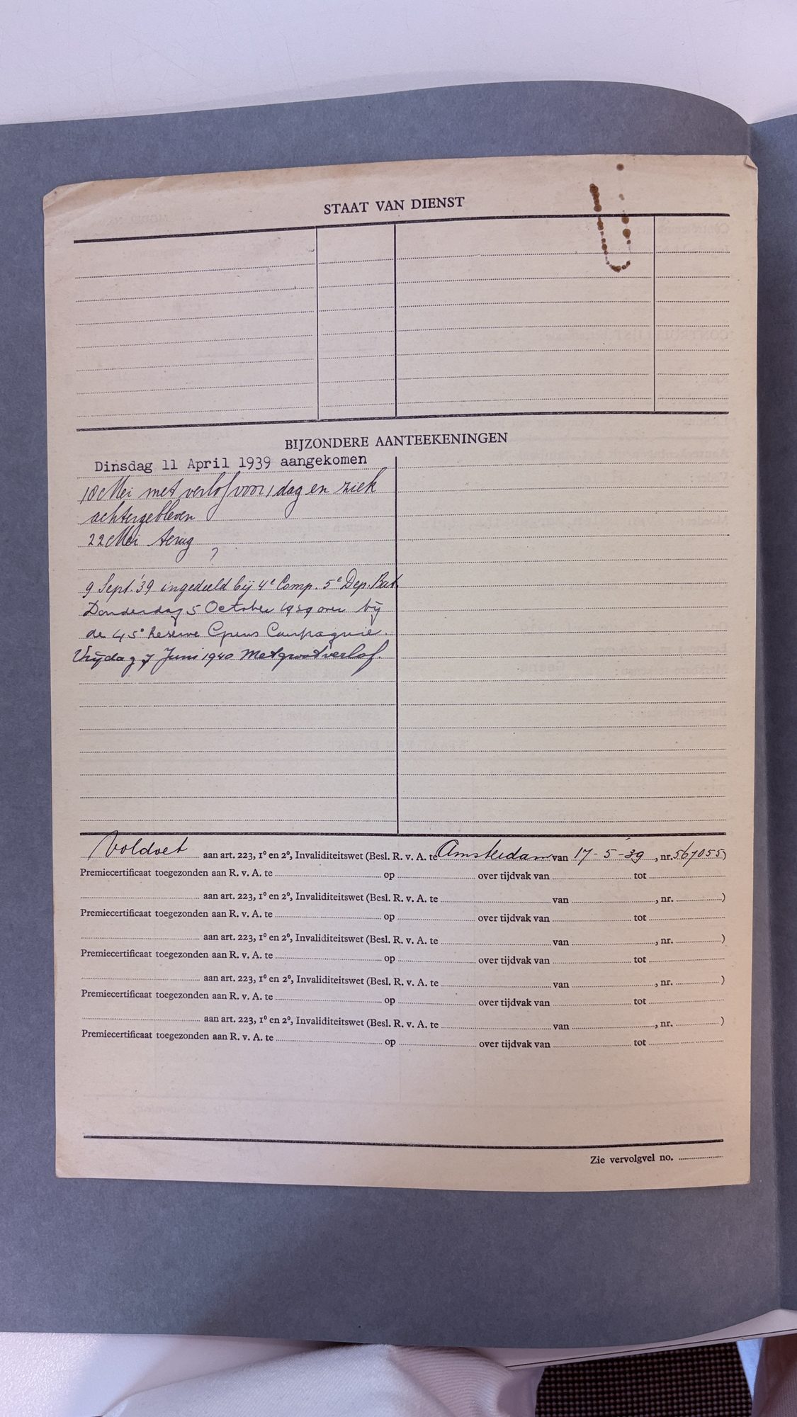 Achterzijde van de controlelijst met bijzondere aanteekeningen over de diensttijd, 1939-1940.