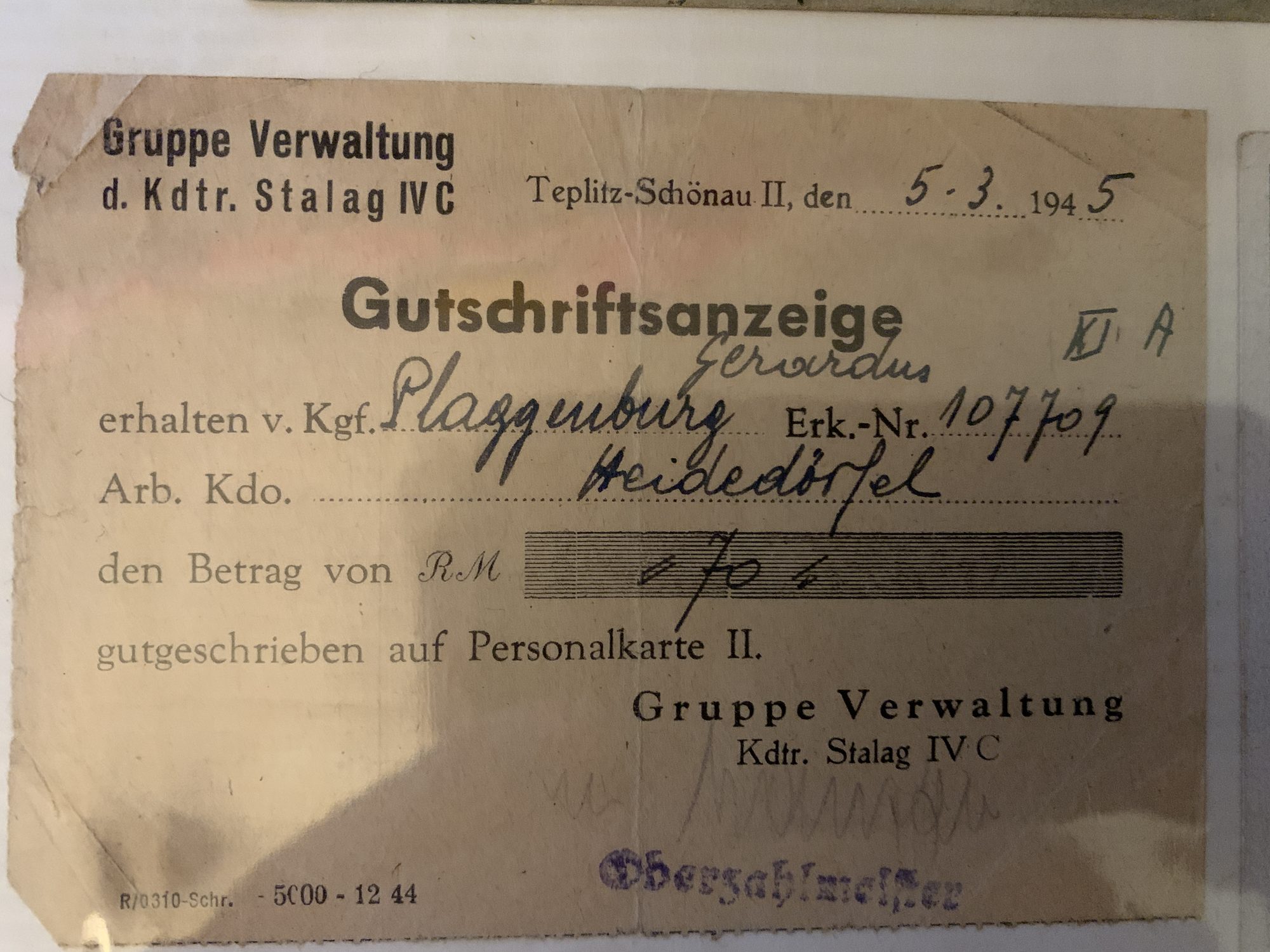 Loonstrook, Arbeitskommando Heidedörfel, 5 maart 1945.