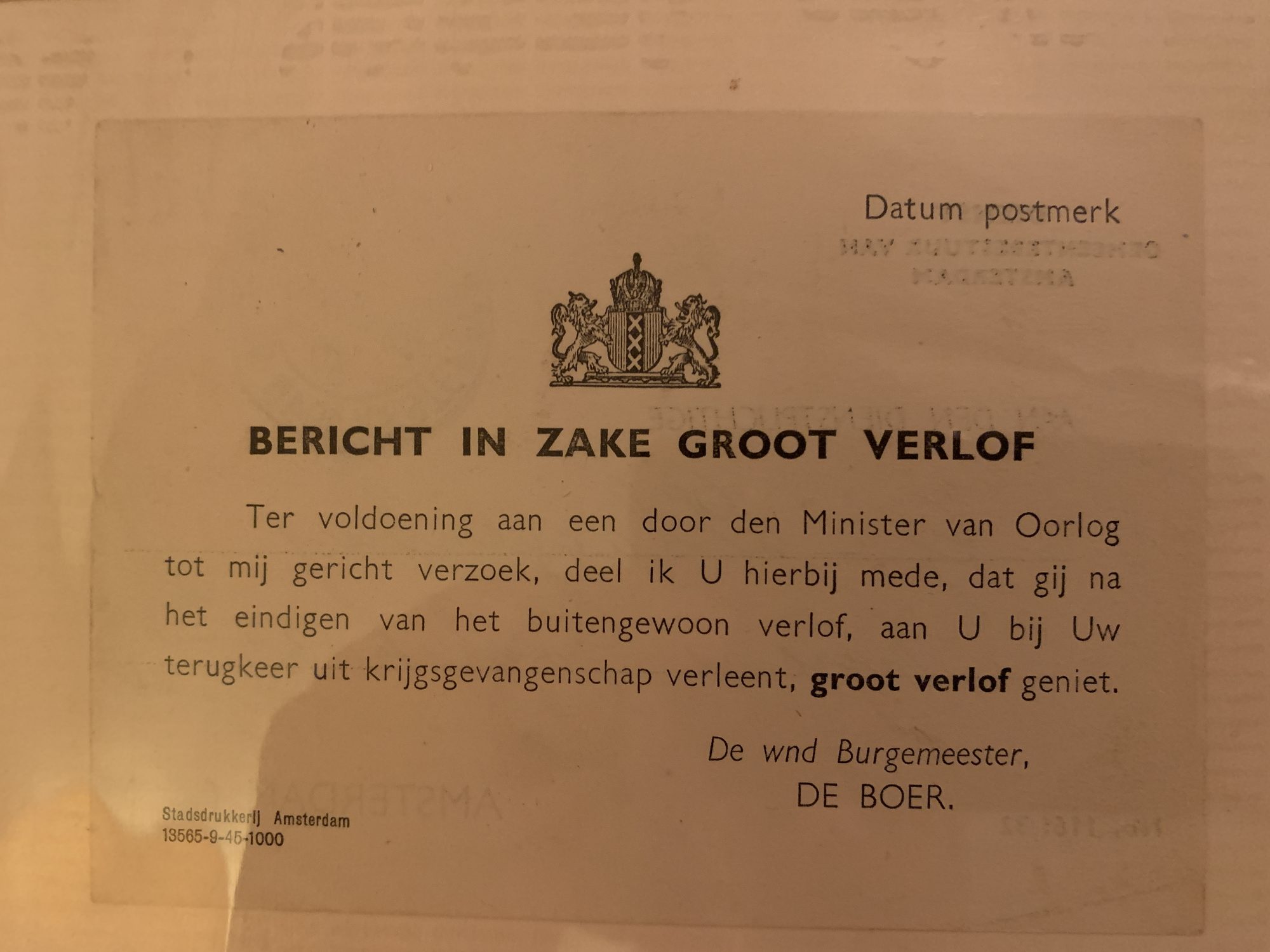 Bericht groot verlof De Boer 1945