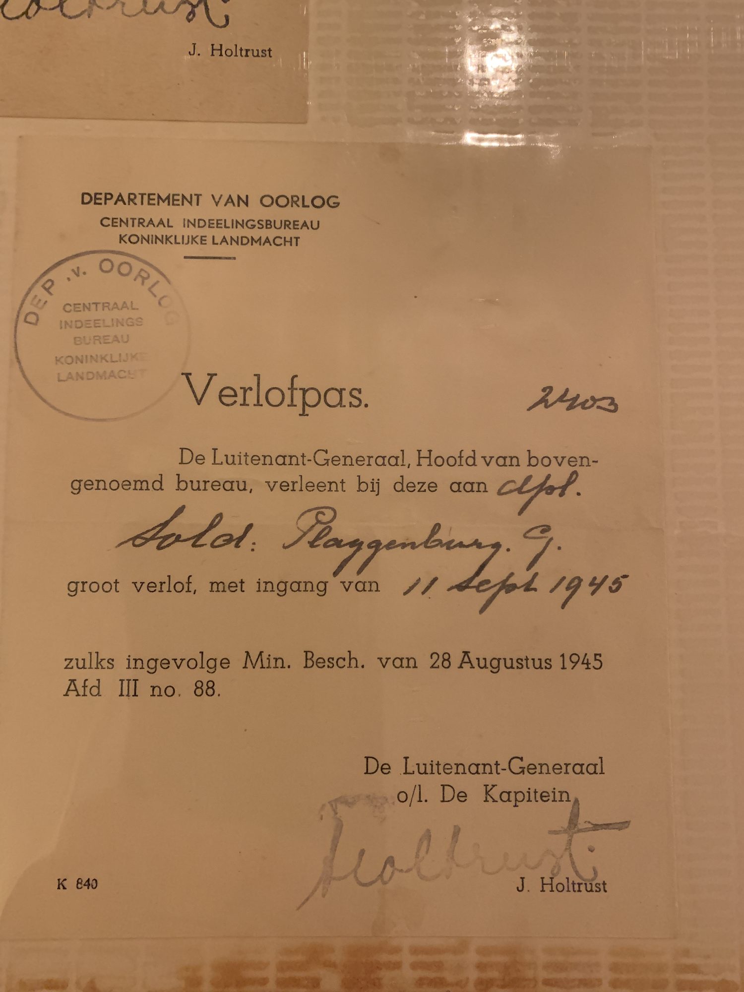 Verlofpas 11 september 1945