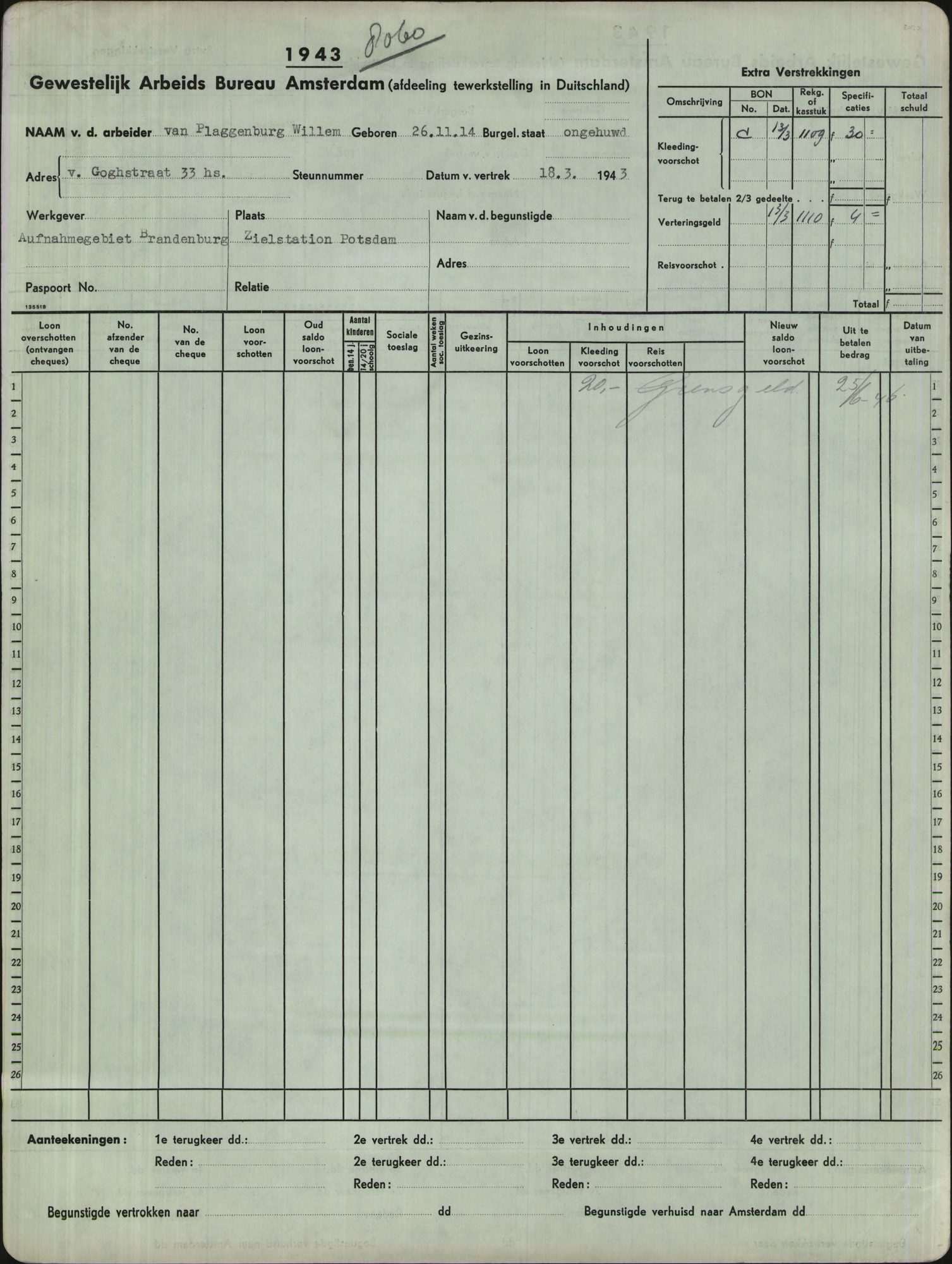 Registratiekaart van het Gewestelijk Arbeids Bureau Amsterdam voor Willem Plaggenburg, vertrek naar Duitsland 18 maart 1943.