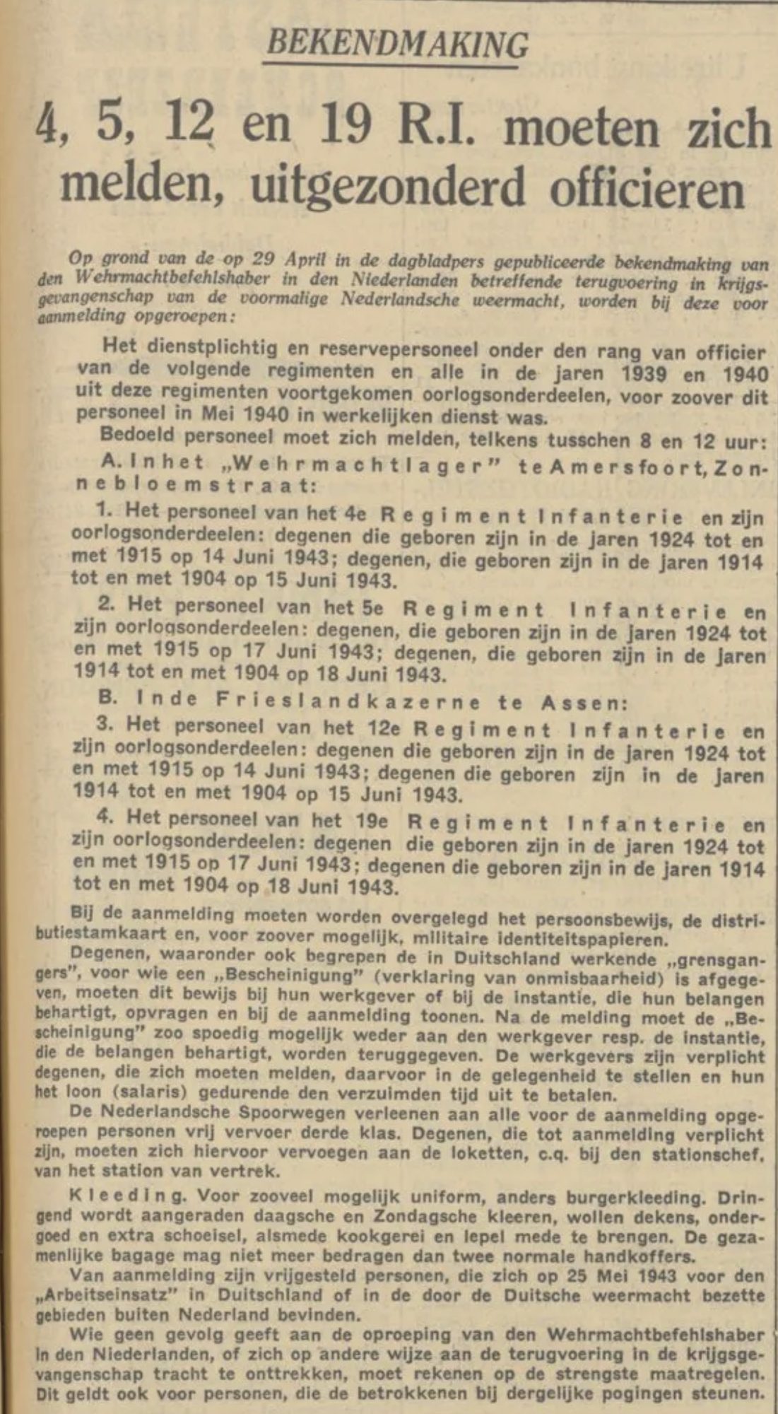 De bekendmaking waarmee het 4e, 5e, 12e en 19e Regiment Infanterie werden opgeroepen, Algemeen Handelsblad, 8 juni 1943.