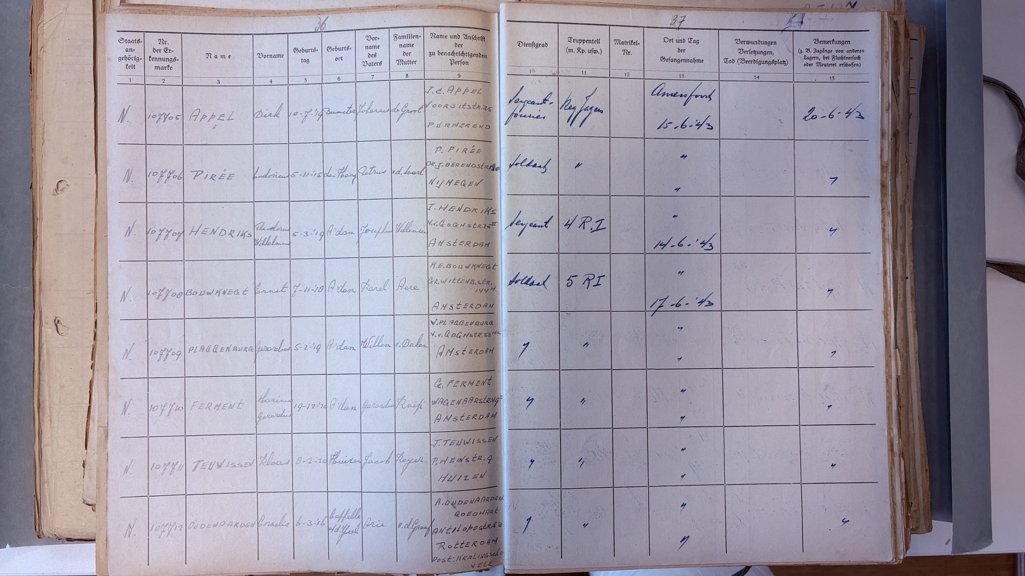 Registratiepagina van het aankomstregister, met Gerardus Plaggenburg.