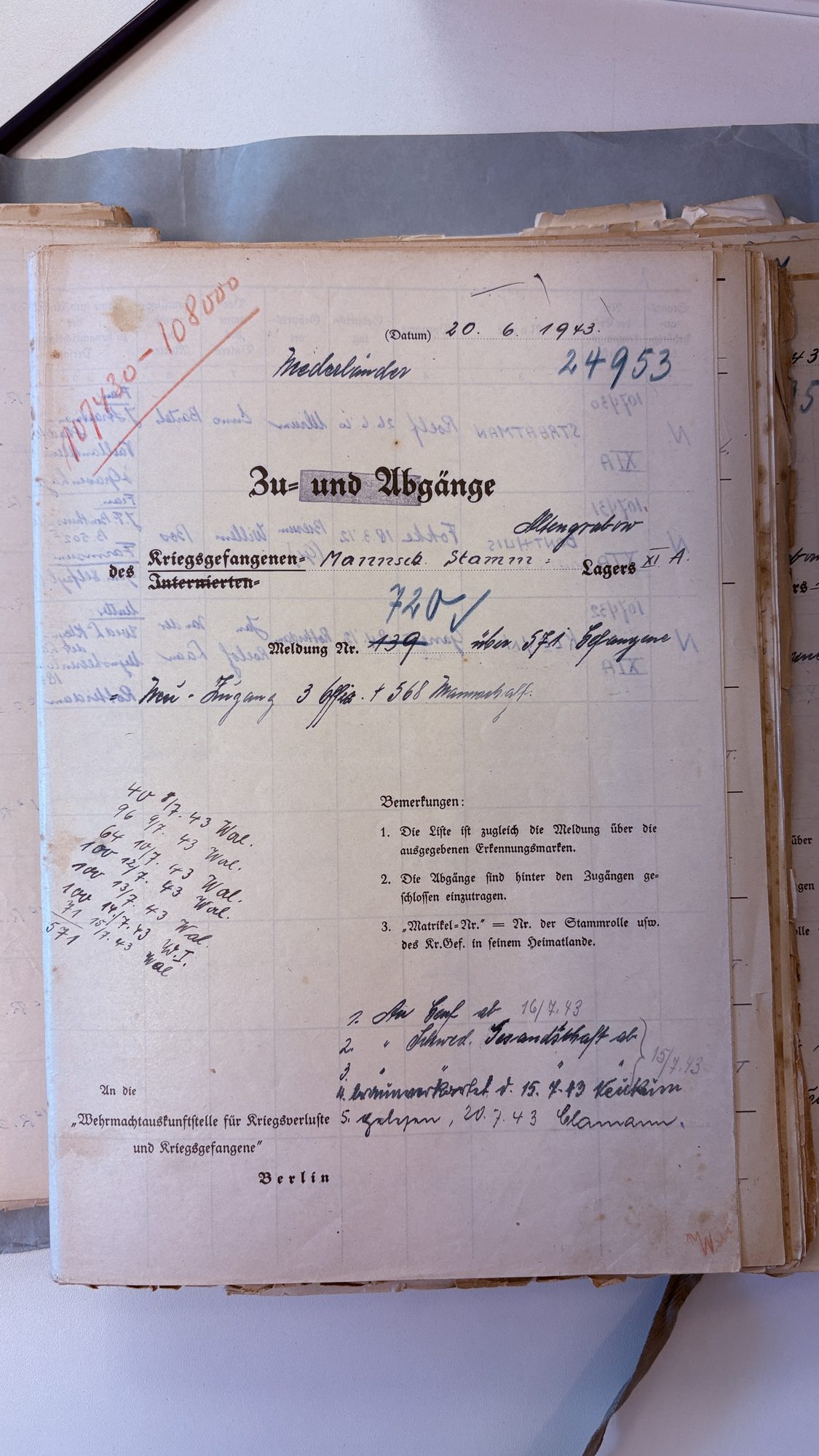Omslagblad van het aankomstregister van Stalag XI-A Altengrabow, Meldung Nr. 439, 20 juni 1943.