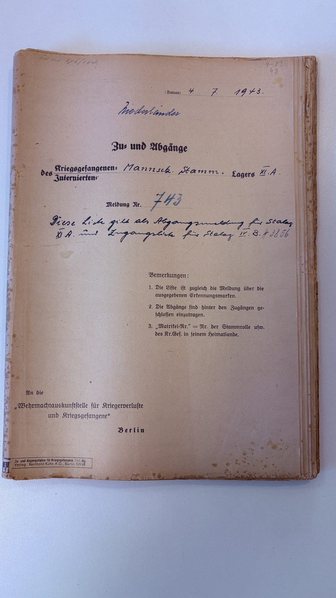 Omslagblad van het mutatieregister van Stalag XI-A Altengrabow, Meldung Nr. 743, 4 juli 1943.
