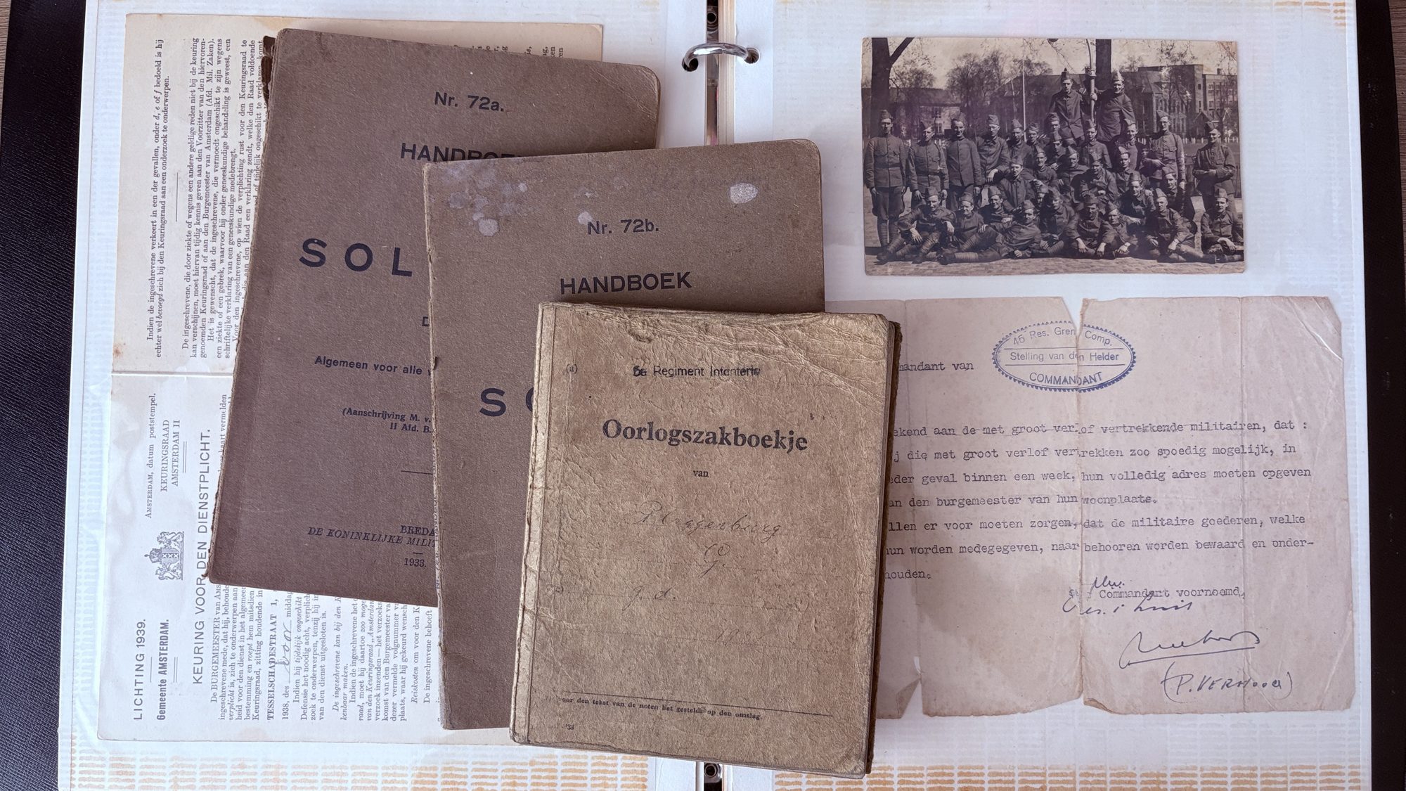 Een deel van Gerardus' bewaarde documenten, uitgestald: keuringsoproep, oorlogszakboekje, soldatenhandboeken, verlofinstructie en een groepsfoto.