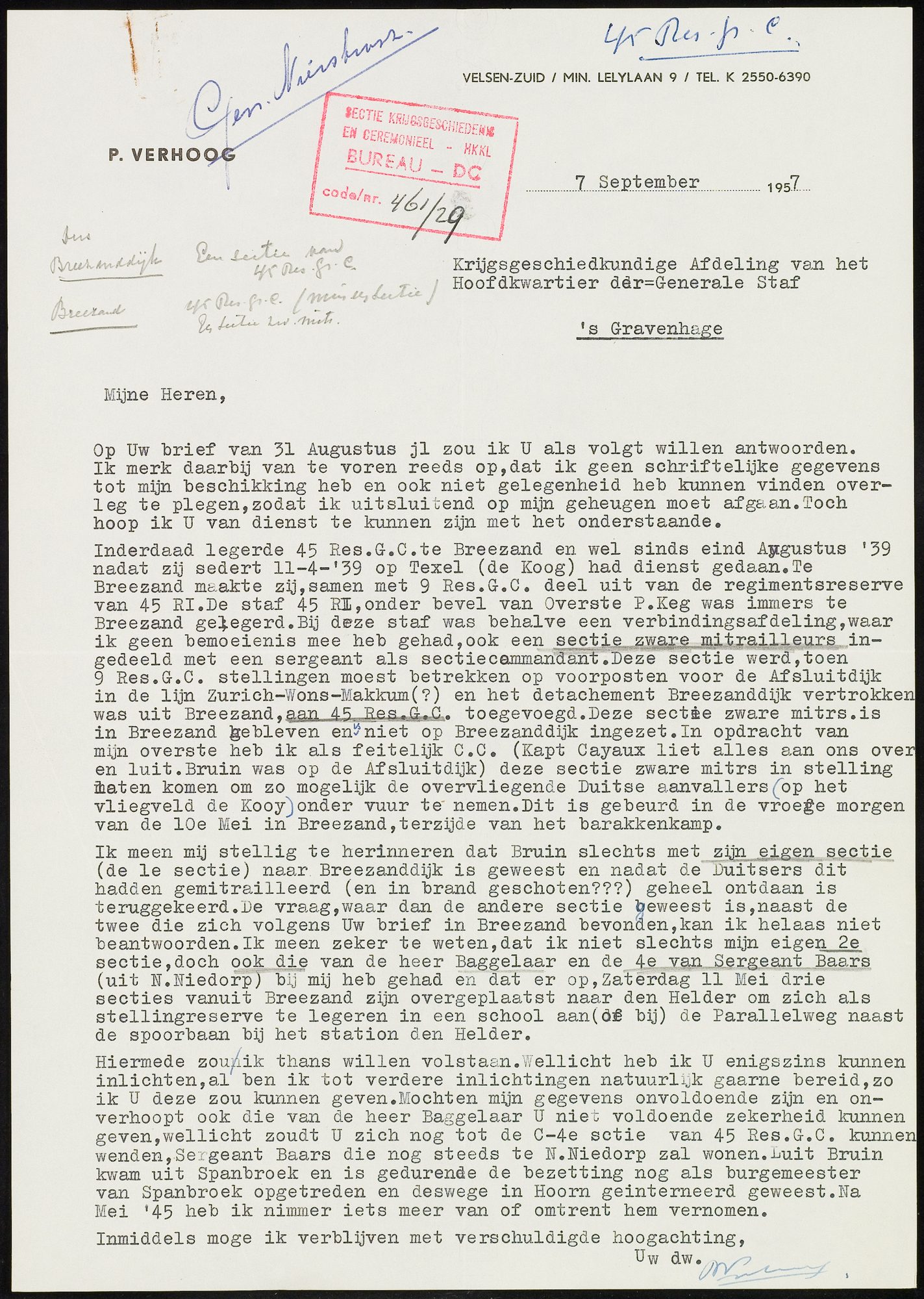 Brief van P. Verhoog (1957) over de 45e Reserve Grenscompagnie: Texel (De Koog) 1939, daarna Breezand.