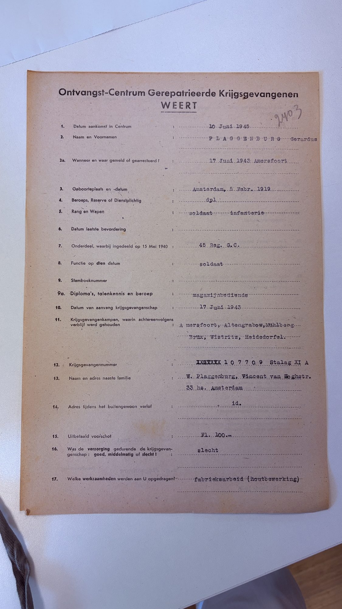 Voorzijde van het registratieformulier van het Ontvangstcentrum Weert, 10 juni 1945.